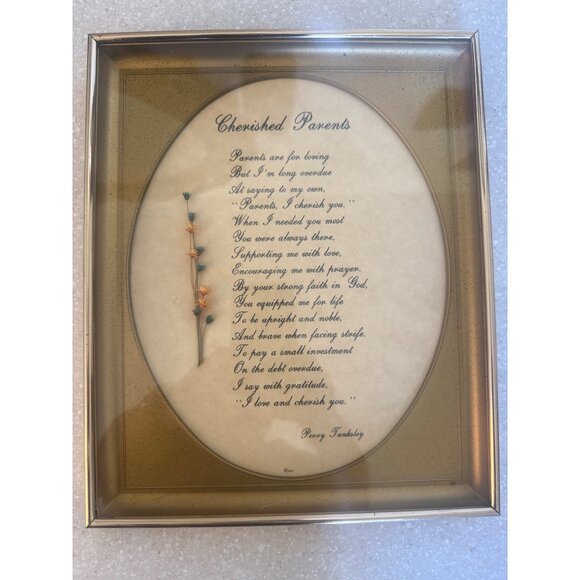 VTG Framed Cherished Parents Poem With Pressed Flowers & Gold Border - Picture 2 of 3